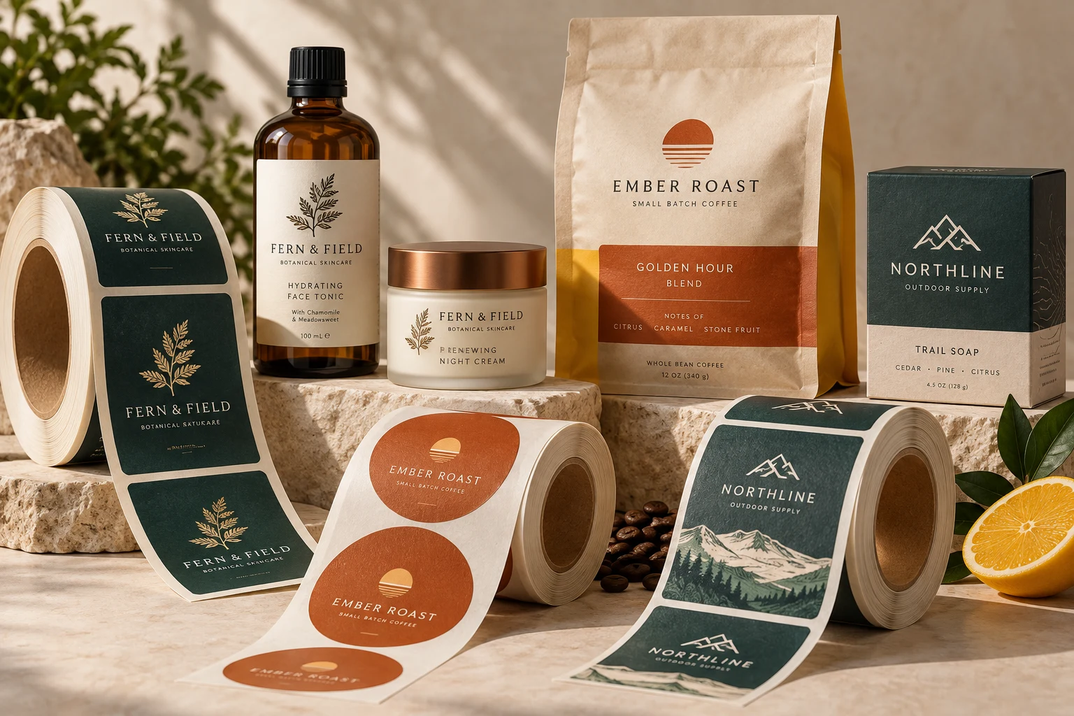 Illustrative printed label rolls and branded packaging